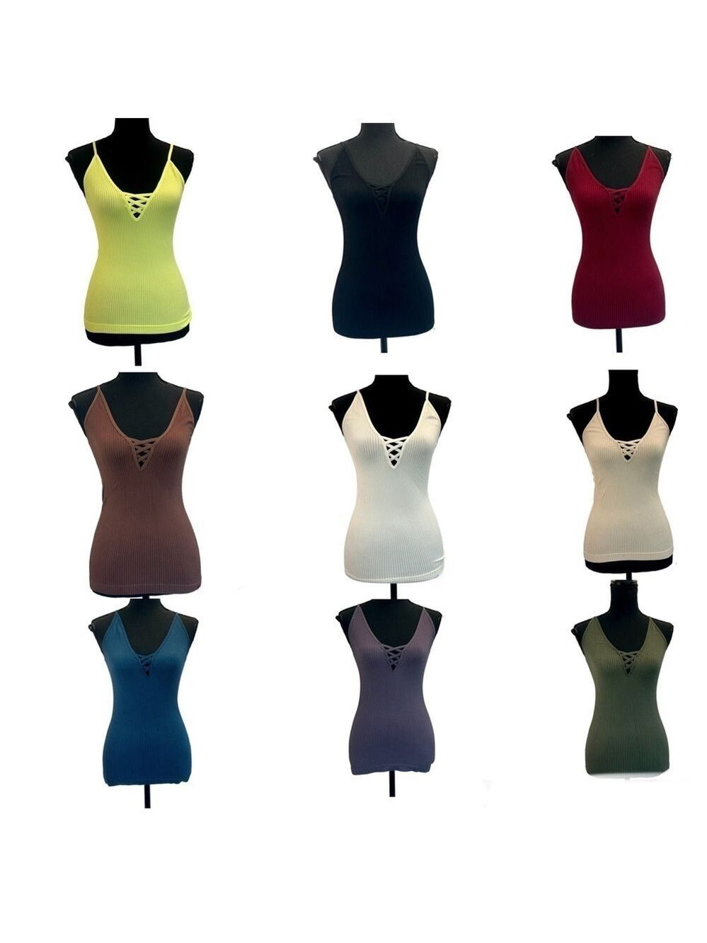 REVAMPED multicoloured bundle of stretchy crisscross V-neck ribbed tank tops M/L